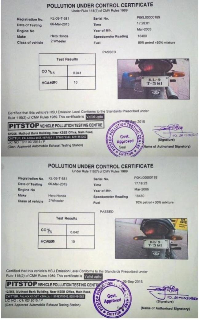 Instead of that, an idling emission test was carried out at one of the government authorised 2 wheeler vehicle pollution testing centres (Figures 8 and 9).