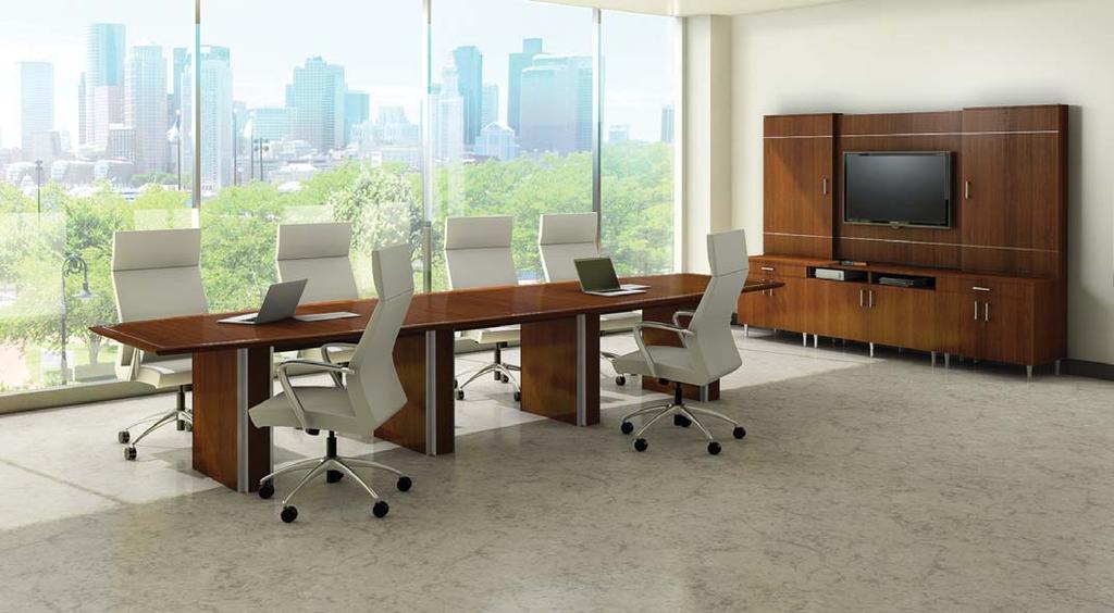 Communique JASPER DESK Model # Description/Dimension Wood Finishes Price Communique conference room furniture features either a black or anodized aluminum metal inlay.