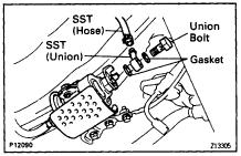 EG208 SFI SYSTEM (2JZGE) (b) Connect SST (hose) to the fuel filter outlet with SST (union), the 2 gaskets and union bolt.
