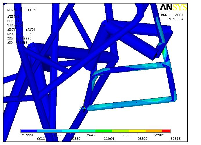 Figure 3: (Left) Initial Rear Suspension Stress, (Right) Final Rear Suspension Stress The stress values were initially above the max allowable 42,67psi for the front lower analysis, so a bar of