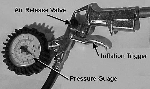 NOTE: To release air pressure with the inflation hose attached to the tire, press the pressure release valve button attached to the inflation hose. ( See fig.