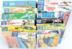 60-90 1523 Monogram Mixed Scale Plastic Aircraft Kits, 9 boxed examples, some small parts away from sprues, examples to include Ford 5-AT Tri-Motor, Airacobra P-39, Kingfisher, Dornier Flying Pencil,