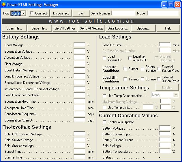 4 PowerSTAR Settings Manager The PowerSTAR settings manager is used to configure and download information from your PowerSTAR maximum power point tracking regulator.