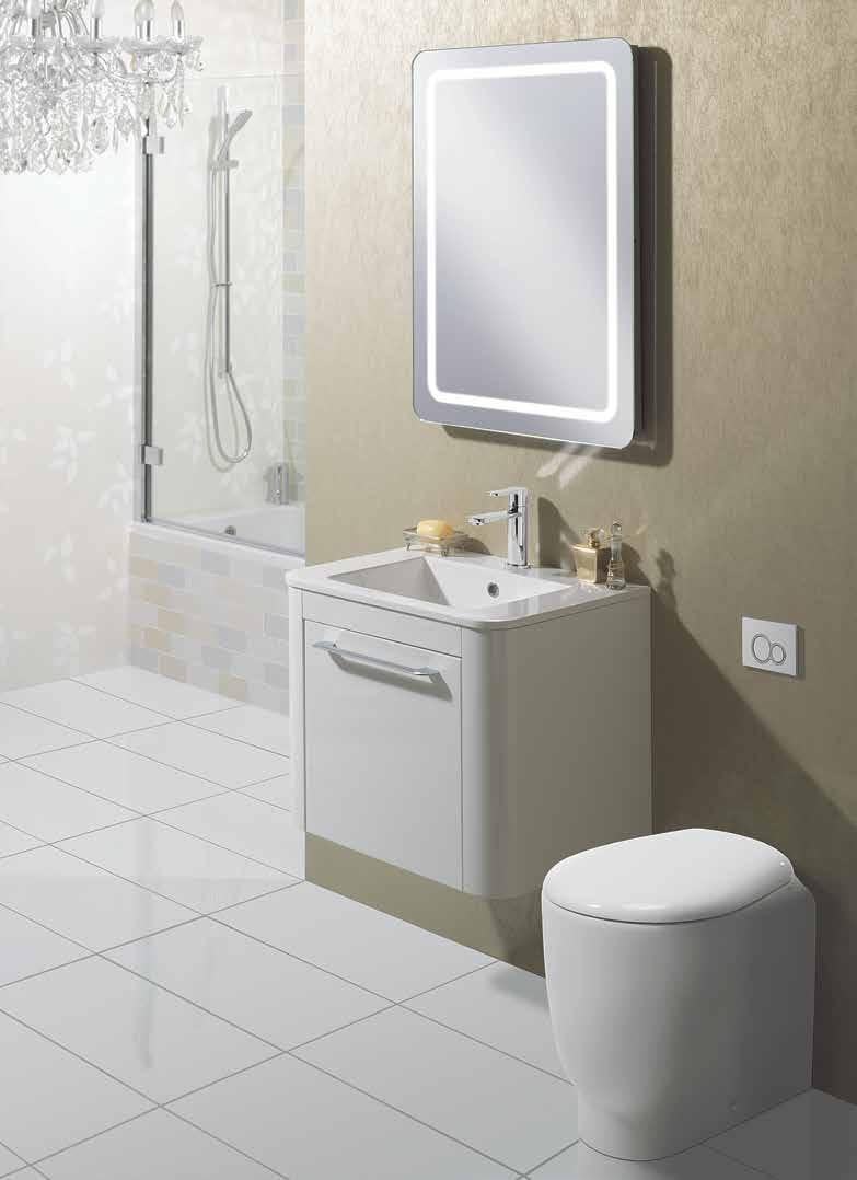 Furniture shown: Celeste White Gloss Tap shown: Wisp Illuminated Mirror shown: