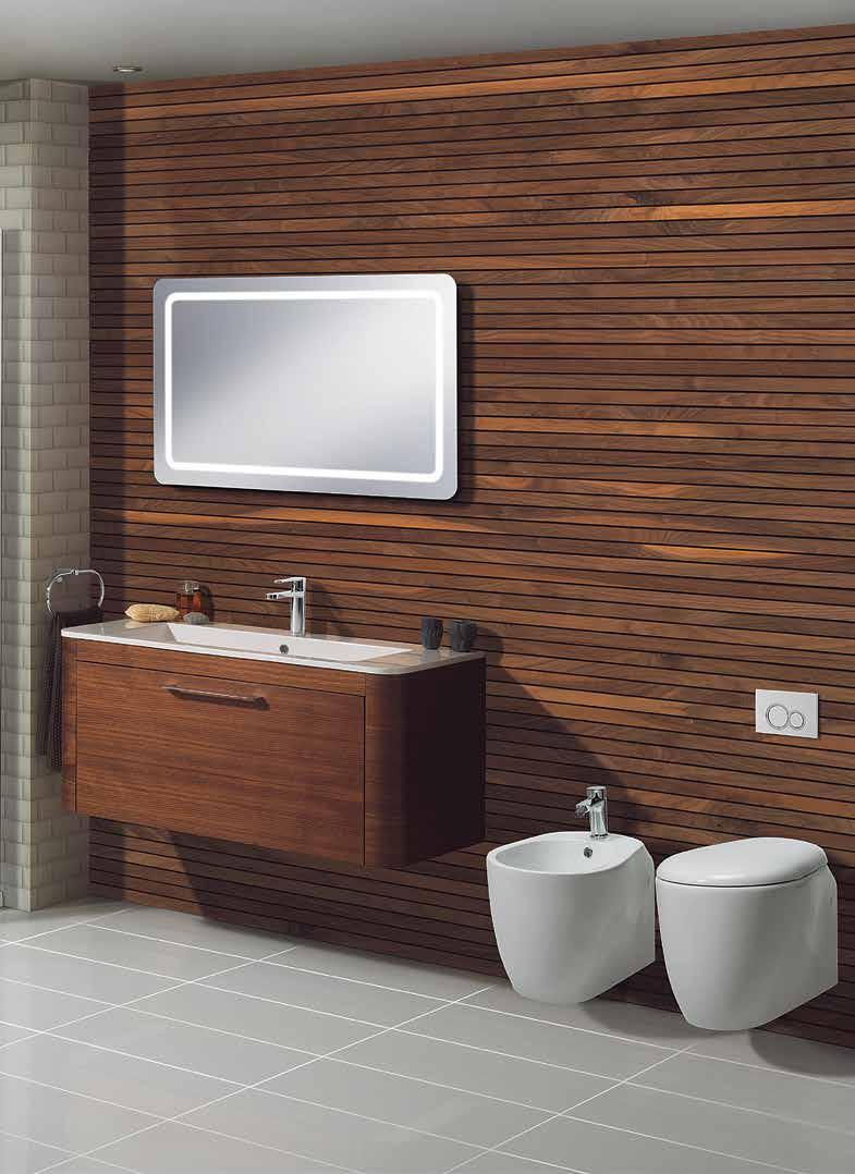 Furniture shown: Celeste American Walnut Tap shown: Opulent Illuminated Mirror shown: Celeste Flush Plate shown: Central