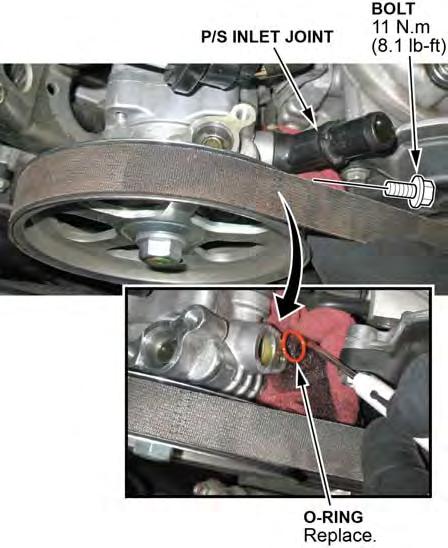 11. Replace the P/S pump inlet joint O-ring: Remove the inlet joint from the pump (one bolt). Remove the O-ring from the inlet joint.