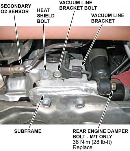 m (40 lb-ft) FRONT GASKETS () EXHAUST PIPE A RUBBER HANGER 22 N.m (16 lb-ft) 18. Remove the exhaust heat shield. REAR GASKET () NUTS 33 N.m (25 lb-ft) 10 N.m (7.4 lb-ft) 20.