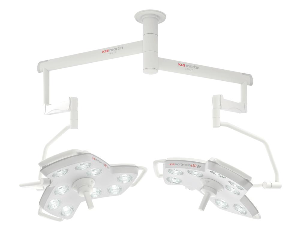 marled operating light combination E9i / E9i ceiling mounting Mechanical design Ceiling-mounting operating light consisting of a ceiling tube, a horizontal tracking arm, a spring arm, a cardan joint