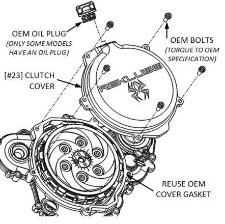 8. Install OEM cover gasket. 9. Install the Rekluse clutch cover by lightly tighten the cover bolts in a star pattern.