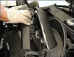 9. Remove finishers (clam shells) from the seat bars. a. First, pull off the front halves.