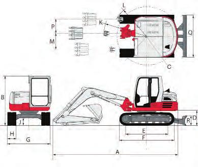 Specifications & features TB285 Hydraulic Excavator L MACHINE DIMENSIONS A. Transport Length B. Transport Height C. Tail Swing (Slew) Radius D. Counterweight Ground Clearance E.