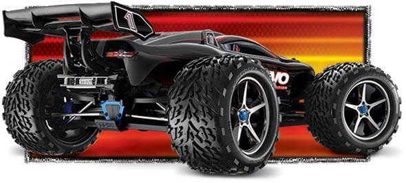E-REVO BRUSHLESS 4WD RACING TR : 22.91 inches (582mm) : 16.38 inches (416mm) : 16.48 inches (418.5mm) Center Ground Clearance : 3.86 inches (98mm) : 135oz (3.82kg) (overall) : 8.