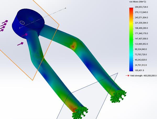 Figure 23 - FEA of upper a-arm (top and front view) IV: Trailing Arm and Components Analysis The following calculations were performed on the trailing arm member: 1. Impact test form a 6 ft drop 2.