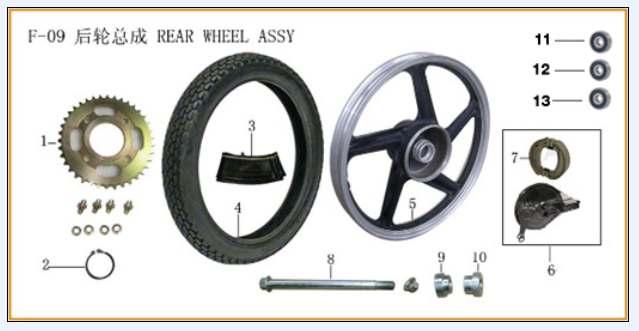 ML150-9J Frame Parts 15099-1 Sprocket 38T 15099-2 Collar 58 15099-3 Rear Tube 15099-4 Rear Tyre 15099-5 Rear Wheel Hub Comp.