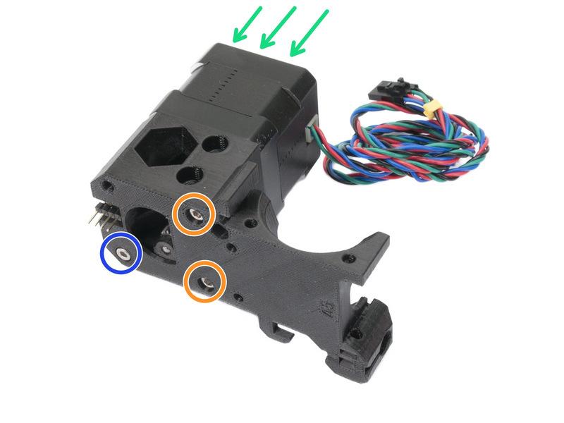 Mount the motor on the extruder body as shown in the picture, double check the proper orientation of the motor