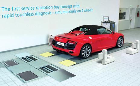 The future Workshop Reception Lane: Increases Sales and Profit. First-time combination of brake test lane, wheel alignment, and ECU Diagnosis in one workshop reception lane.