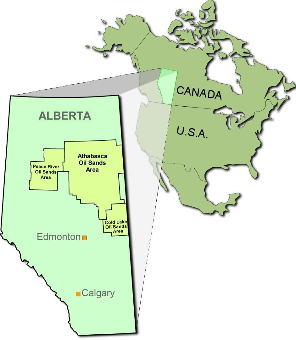Alberta oil sands are located in three major deposits; Athabasca, Peace River and Cold Lake Estimated size 1.7-2.