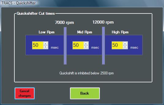 Edit Tune File - Quickshifter: The quickshifter cut-times can be adjusted for: Low rpm (below 7000 rpm); Mid rpm (7000rpm to 12000 rpm); High rpm (above 12000 rpm).