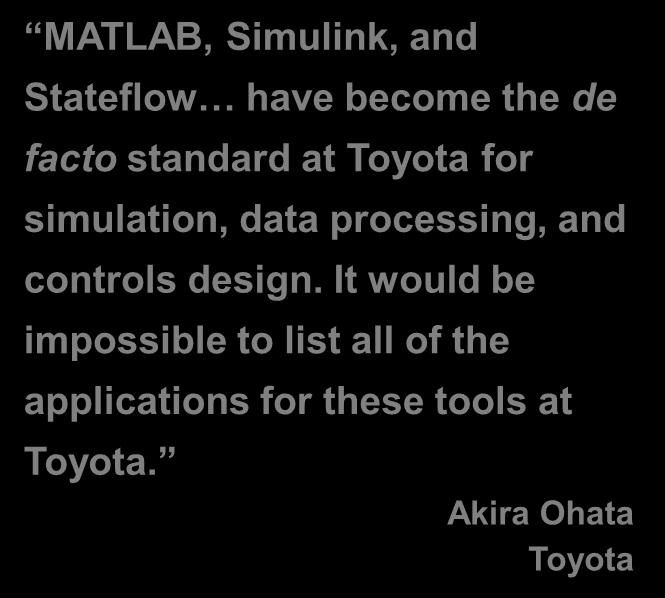 Toyota Uses MathWorks Tools to Increase Quality, Reduce Costs, and Speed Time to Market of New Vehicles Challenge Speed up design, increase quality, and reduce R&D costs by finding an