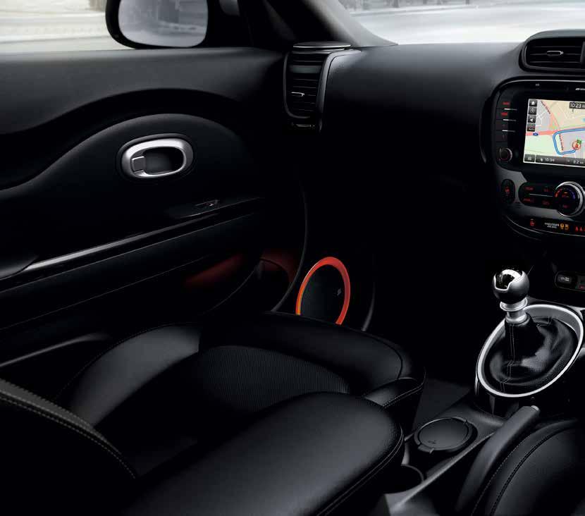 INTERIOR DESIGN Turn up the wow factor The new Kia Soul s unique circular-themed interior is inspired by sound waves: a round gear shift, circular groupings of steering wheel-mounted controls and