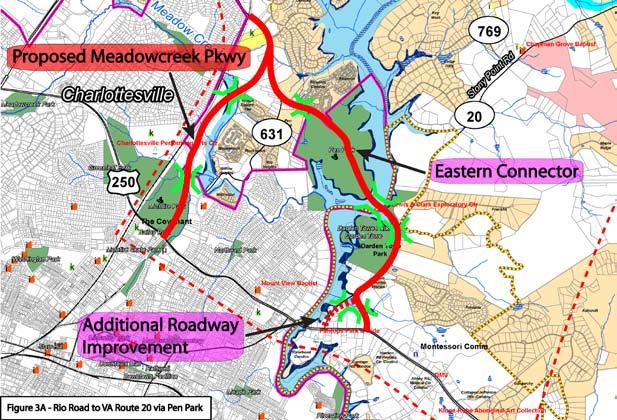 Alt. 3 - Rio Road to Route 20 via Pen Park This alternative would connect US 250 and the proposed Meadowcreek Parkway/Rio Road corridor with an alignment that would use the existing utility road