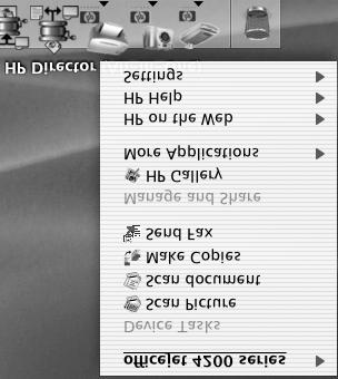hp officejet pregled Za prikaz menija HP Director: V orodni vrstici kliknite ikono HP Director naprave. Prikaže se meni HP Director.
