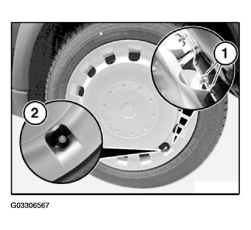 Fig. 30: View Of Retaining Clips Aluminum Wheel Trims: To remove, use tool (1) from the