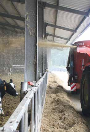 This Triomix is equipped with a mechanically powered straw blower, capable of blowing straw into the barn up to a distance of 25 metres.