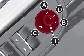 GETTING TO KNOW YOUR VEHICLE 04106S0004EM Power Mirror Control 1 Power Mirror Control Knob A Left B Right C Power Folding Position D Neutral To adjust the selected mirror, push the knob in the