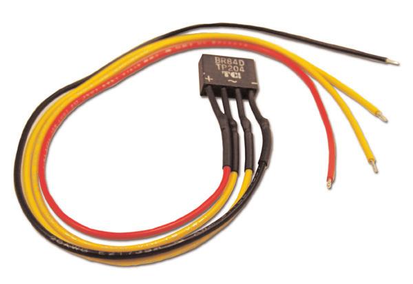 Use the wire-in bridge rectifier to convert your current from AC to DC. 35V, 2 Amp.