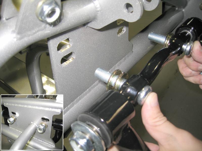 11. Installing the Upper A-Arms. The upper a-arm is installed using the 9/16 x 2½ inch button head bolts and a pair of the thick washers installed as shown to start with.