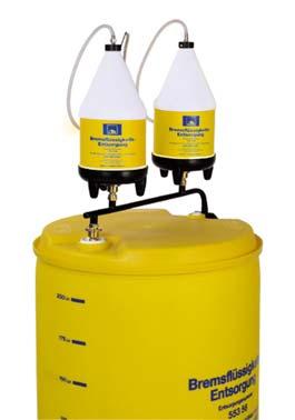 Segregated used brake fluid is considerably less expensive to dispose of. The ATE System 220 consists of the 4-liter collection container and the 220-liter storage container.