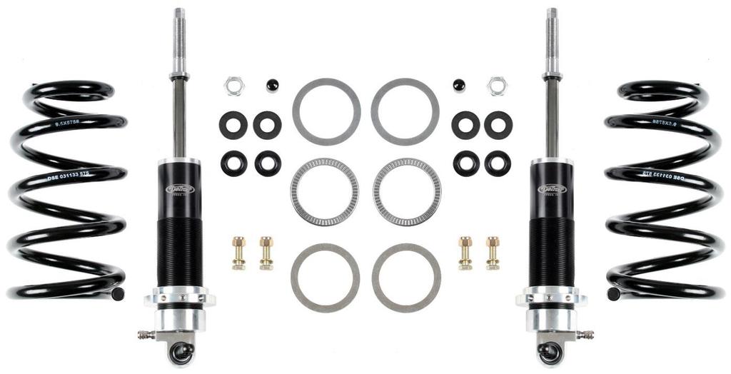 The kit uses an aluminum body coilover shock featuring Detroit Tuned valving. All necessary parts are included in the kit.