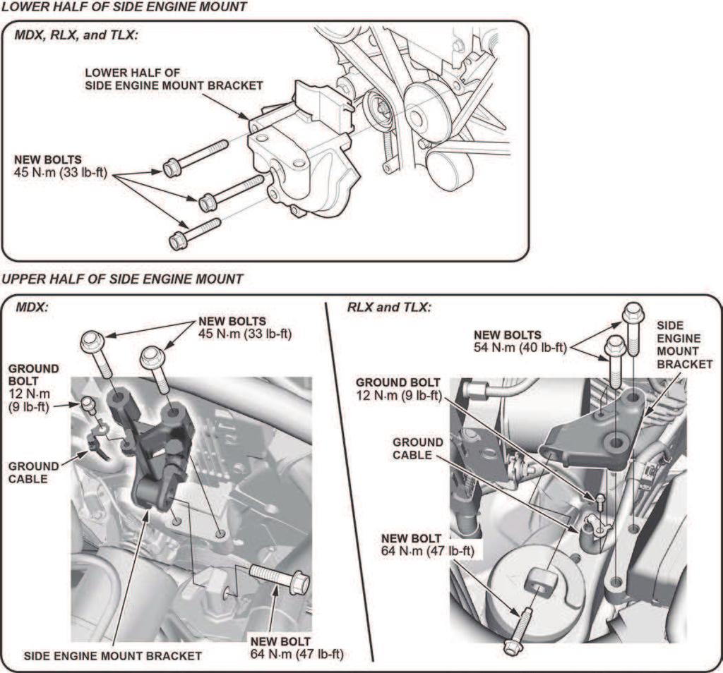 22. Install the side engine mount with the new bolts and torque them as shown. 23. Install the upper and lower covers. 24.