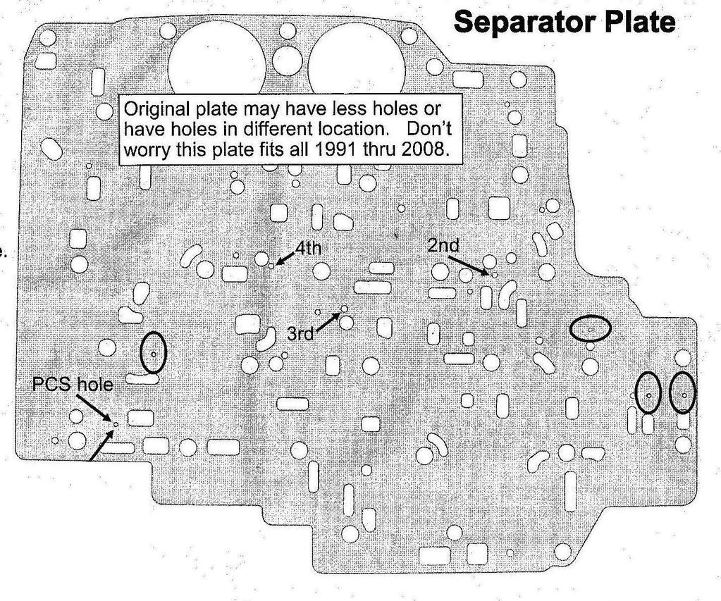 FIGURE 1 Valve Body and Separator Plate Upgrade Drill out second, third, and fourth gear feed holes to the recommended size for the desired shift firmness. For stock type shifts, leave plate as is.