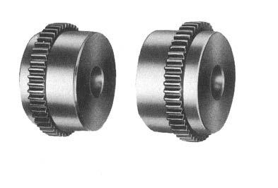 3) Two identical hubs, machined to close tolerances, contain external Fully-Crowned Gear Teeth which totally engage internal teeth of the sleeve.