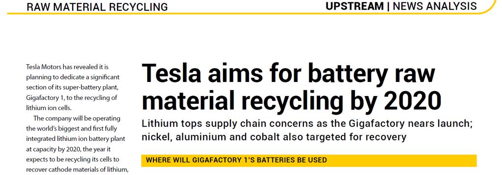 Battery recycling becoming a hot topic Tesla is planning to recycle its batteries post 2020 Gigafactory cells will not have second life in