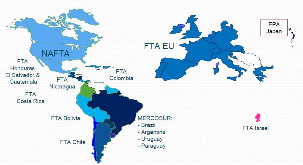 Global Strategy in Negotiations North America: increase the regional competitiveness Europe: benefit from and improve the actual FTAs Latin