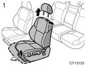 Flattening seatbacks (manual seat) CAUTION To reduce the risk of sliding under the lap belt during a collision, avoid reclining the seatback any more than needed.