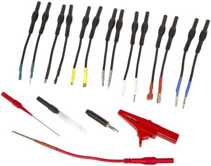 Kit includes 14 flexible test probes, long straight probe, piercing back probe, crocodile clip, 4mm circuit tester adapter and