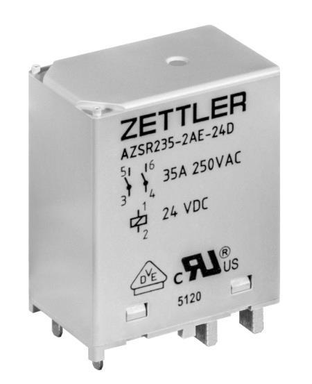 p a g e 9 AZSR235 This 35 A DPST high power PCB relay is part of the first group of Zettler relays that were specifically developed for solar applications and has been deployed in many PV inverters