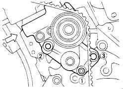 7. Push auto-tensioner slightly towards timing belt to prevent bell from slipping. Set tensioner slightly by pushing timing belt.