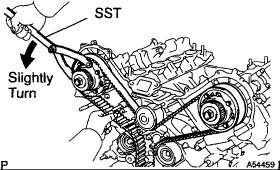 d. Using SST, loosen the tension between the camshaft timing pulley (RH bank) and crankshaft timing pulley by slightly turning the camshaft