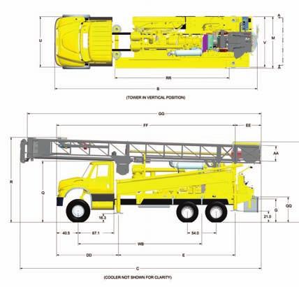 t3w Water Well Drill T3W - 232" CHASSIS WITH TRUCK SPECIFICATIONS DESCRIPTION INCH MM A Height - Overall, Tower Up 516.50 13119 B Length - Overall, Tower Up 366.