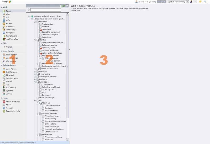 Slika 4.1: Administracijski vmesnik v TYPO3 V polju orodja so v petih sekcijah razvrščene povezave na posamezna orodja.