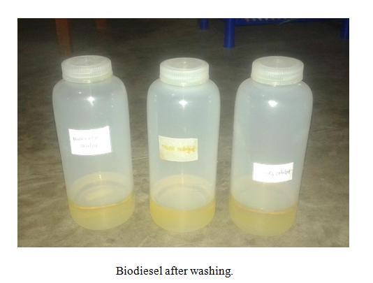 The flow of water was stopped with finger when the biodiesel had begun to flow out the hole. Then the biodiesel was transferred to the second washing bottle, fresh water was added and again washed.