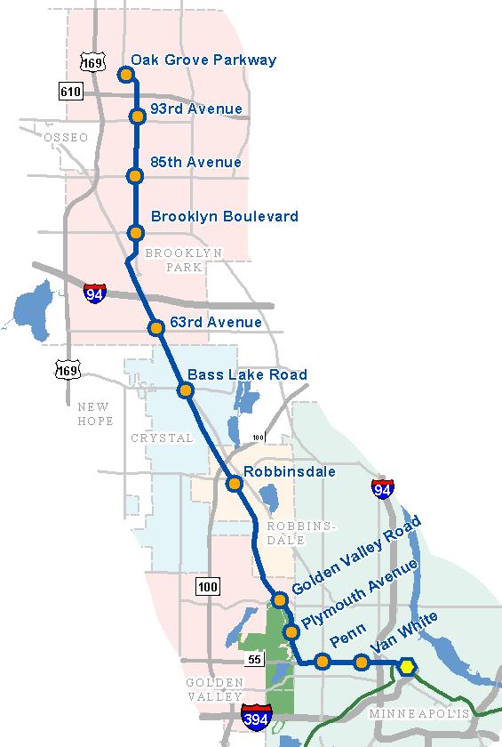 Project Description 10 or 11 new stations 13 miles of double track Serving Brooklyn Park, Crystal, Robbinsdale, Golden Valley &