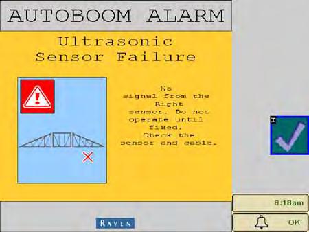 Ultrasonic sensor - too high alarm - This alarm occurs when the ultrasonic sensor is higher than 65 inches [165 cm] from the ground for five