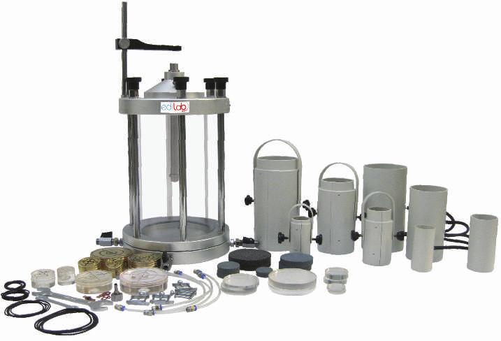 Universal Triaxial Cell, Stationary Bushing, 10 Bar ELC 076 For testing specimens of size 38, 50, 75 and 100 mm dia. It consists of a Perspex chamber with anvil and loading plunger.