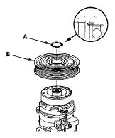 Fig 11: Identifying Pulley And Snap Ring 4. Remove the screw from the field coil ground terminal (A), then remove the wire harness (B) and the bracket (C). Disconnect the field coil connector (D).